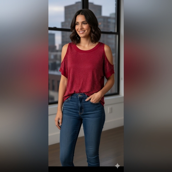 I.N.C. International ConceptsWomen's Cold-Shoulder Studded Top Red Zenith L EUC - Picture 1 of 9